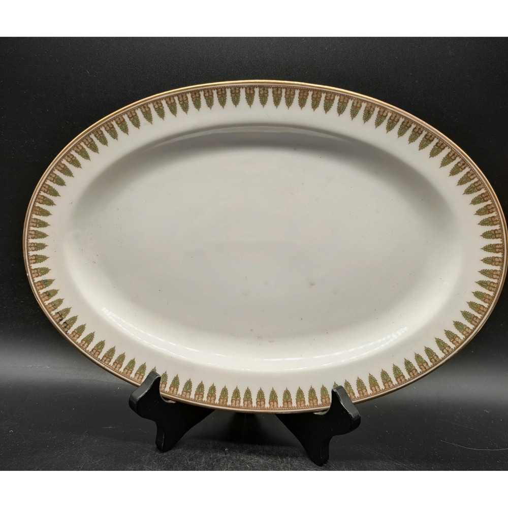 Theodore Haviland Limoges France Oval Serving Platter Green Gold Leaf Border 11"